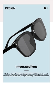 Detail of modern black square sunglasses with silver rivets and seamless integrated lenses