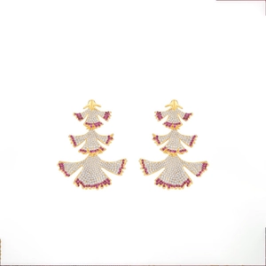 Elegant gold fan-shaped drop earrings with pavé crystals and purple gemstones detail