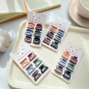 8-piece set of Morandi color mini hair claws in matte finish on cat-patterned cards