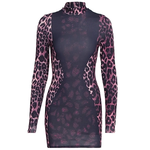 Close-up of leopard print mini dress featuring purple pattern and mock neck design