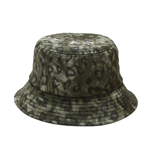 Women's leopard print cotton bucket hat in army green and black tie-dye for sun protection