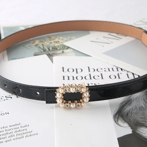Women Elegant Faux Leather Waist Belt Artificial Pearl Rhinestone Square Buckle Thin Skinny Cinch Belt For Dress