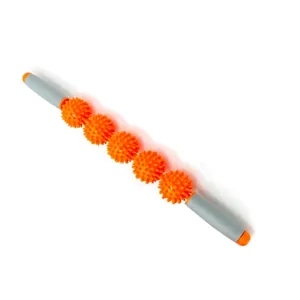Orange five-ball muscle massage roller stick with non-slip handles for yoga and fitness