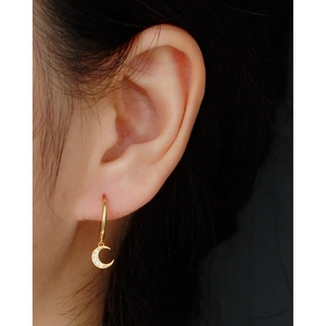 Elegant gold S925 sterling silver crescent moon earrings with cubic zirconia on model