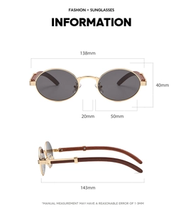 Detailed dimension guide for vintage round sunglasses with faux wood frame and grey lenses