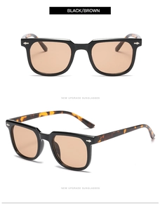 Detail view of small square sunglasses with silver rivets and tortoiseshell temples