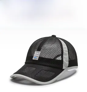 Detail of breathable black mesh fabric and grey trim on a summer baseball cap