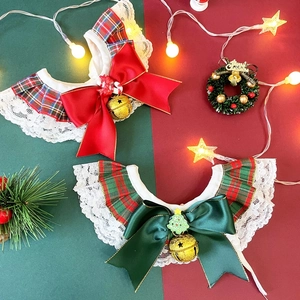 Christmas pet collar with plaid bow, lace details and bell in festive red and green
