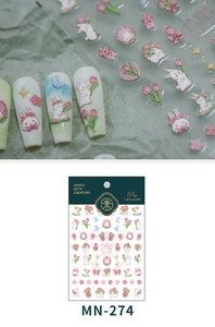 3D embossed nail stickers featuring cute white rabbits and red tulips on artificial nails
