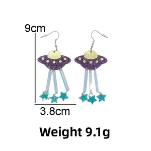 Detail view of UFO acrylic earrings with purple glitter and blue stars, length 9cm