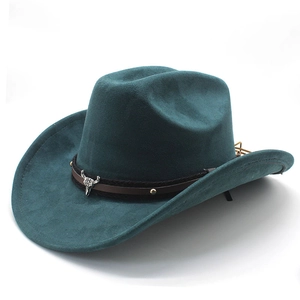 Detailed view of silver bull head ornament on a teal western felt cowboy hat band