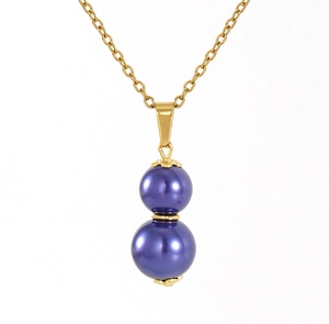 Detail view of 18k gold plated chain with double-sphere dark blue gourd-shaped pendant
