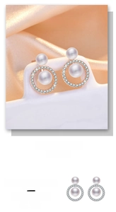 Detail of rose gold pearl earrings with sparkling zircon circles and anti-allergy finish