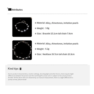 Detail specifications of double-layered pearl necklace and rhinestone ball bracelet set