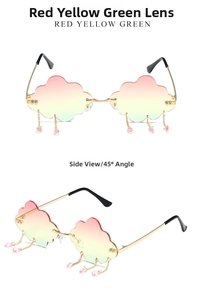 Détail de lunettes nuage sans monture avec dégradé rouge jaune vert et pompons