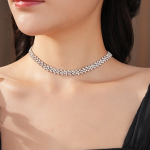 Close-up of multi-row rhinestone choker necklace showing sparkling crystals on a model