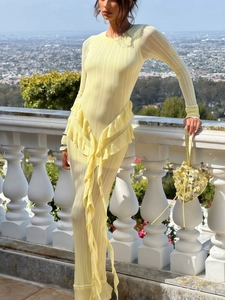 Robe Maxi Moulante Sexy Pour Femmes En Tricot Côtelé Manches Longues Col Rond Volants En Cascade Couleur Unie Streetwear