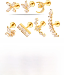 Titanium labret studs with cubic zirconia in star moon and flower shapes