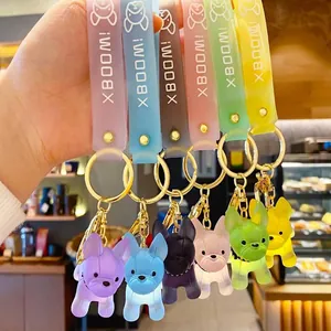 Colorful crystal bulldog keychains in six vibrant colors with matching silicone wrist straps