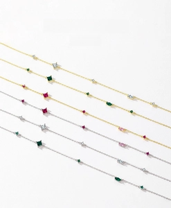 Detailed view of S925 sterling silver necklaces with colorful geometric zircon gemstones