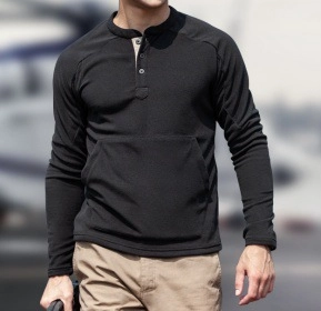 Detail shot of the stand-up collar and button placket on a slim fit men's black henley shirt