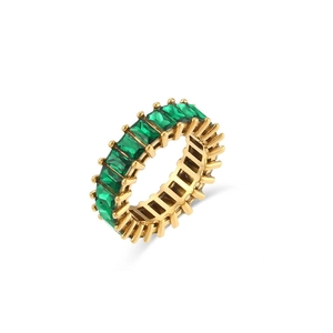 Classic 18K gold plated stainless steel ring with full-set green square zircons