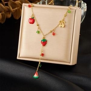 Collier Pendentif Fruits En Acier Inoxydable Émail Fraise Pastèque Pomme Cerise Chaîne Dorée En Y Pour Femmes
