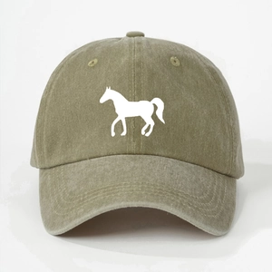 Classic washed khaki cotton baseball cap with a white horse silhouette embroidery