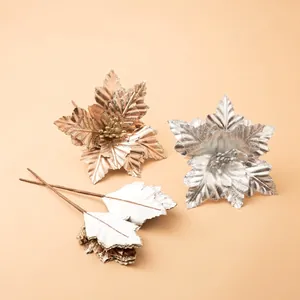 Artificial Poinsettia Flowers Glittered Fabric Christmas Tree Ornaments Wedding Party Home Decoration Sparkly Floral