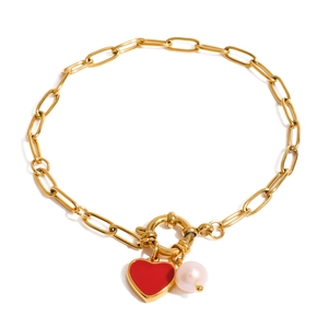 18K gold plated stainless steel pearl bracelet with a red enamel heart pendant charm
