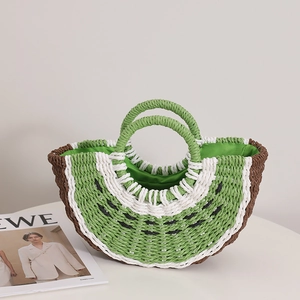Handmade woven kiwi slice beach handbag with circular handles for summer vacations