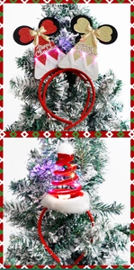 Detail of LED Christmas headbands featuring velvet tree and sequin Minnie ears design