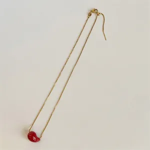 Detail view of gold adjustable box chain with a red bean pendant on white background