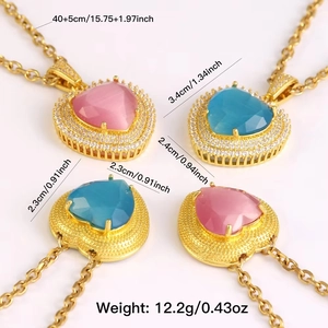 Blue topaz and pink heart necklace with moissanite accents and size parameters