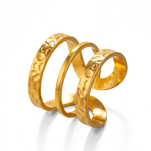 Three-layer spiral open ring with hammered 18K gold plated stainless steel finish