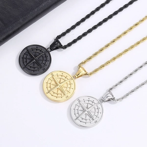 Compass pendant necklaces in black, gold, and silver finishes with durable rope chains