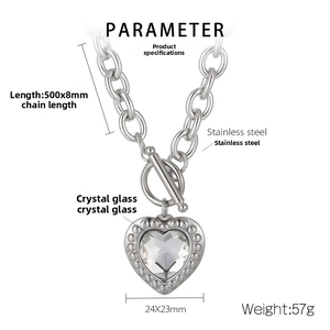Detail of stainless steel necklace with crystal heart pendant and OT buckle specifications