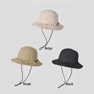 Unisex quick-dry hiking bucket hat set in beige, khaki, and black with windproof cords