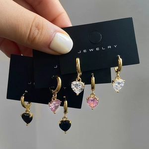 Heart Zircon Pendant Hoop Earrings Copper Real Gold Plated Simple Elegant Chic Fashion Jewelry For Women