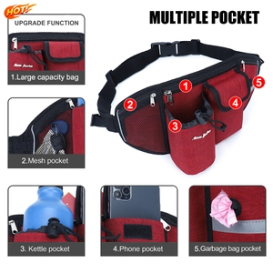Detail of red outdoor waist bag featuring multi-pocket design and water bottle holder