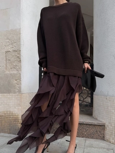 Oversized dark brown knit sweater with layered ruffle chiffon skirt two-piece set