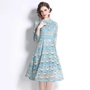 Elegant blue floral lace A-line midi dress with long sleeves and cinched waist