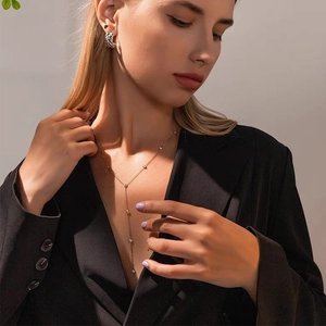 Stainless Steel Y-Shaped Tassel Necklace For Women Gold Silver Plated Zirconia Drop Pendant Long Sweater Chain Jewelry