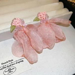 Floral Dangle Earrings Fabric Chiffon Petal Pink Beads With Silver Earring Post Romantic Sweet Jewelry For Women