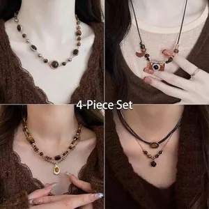 Vintage Tiger Eye Stone Beaded Necklace With Layered Alloy Chain And Oval Pendant Jewelry For Women Retro