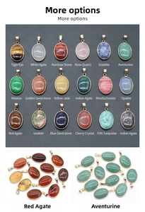 Detailed grid of assorted oval gemstone pendants with polished gold metal plating