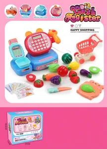 Detailed set of kids toy cash register with shopping cart and colorful fruit accessories