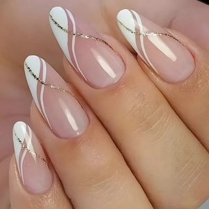 Elegant Long Almond Press On Nails Nude Pink Base White Wave French Tips Gold Glitter Lines Artificial Fake Nails Women