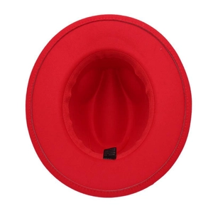Detailed top view of red fedora hat interior with sweatband and care label