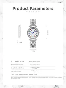 Détails de la montre de luxe M1198 pour femme avec strass colorés et mouvement quartz